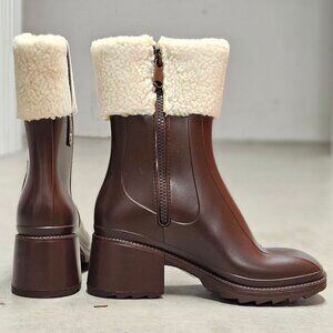 Brown Faux Leather Block Heel Boots With Shearling Cuff & Side Zipper Closure